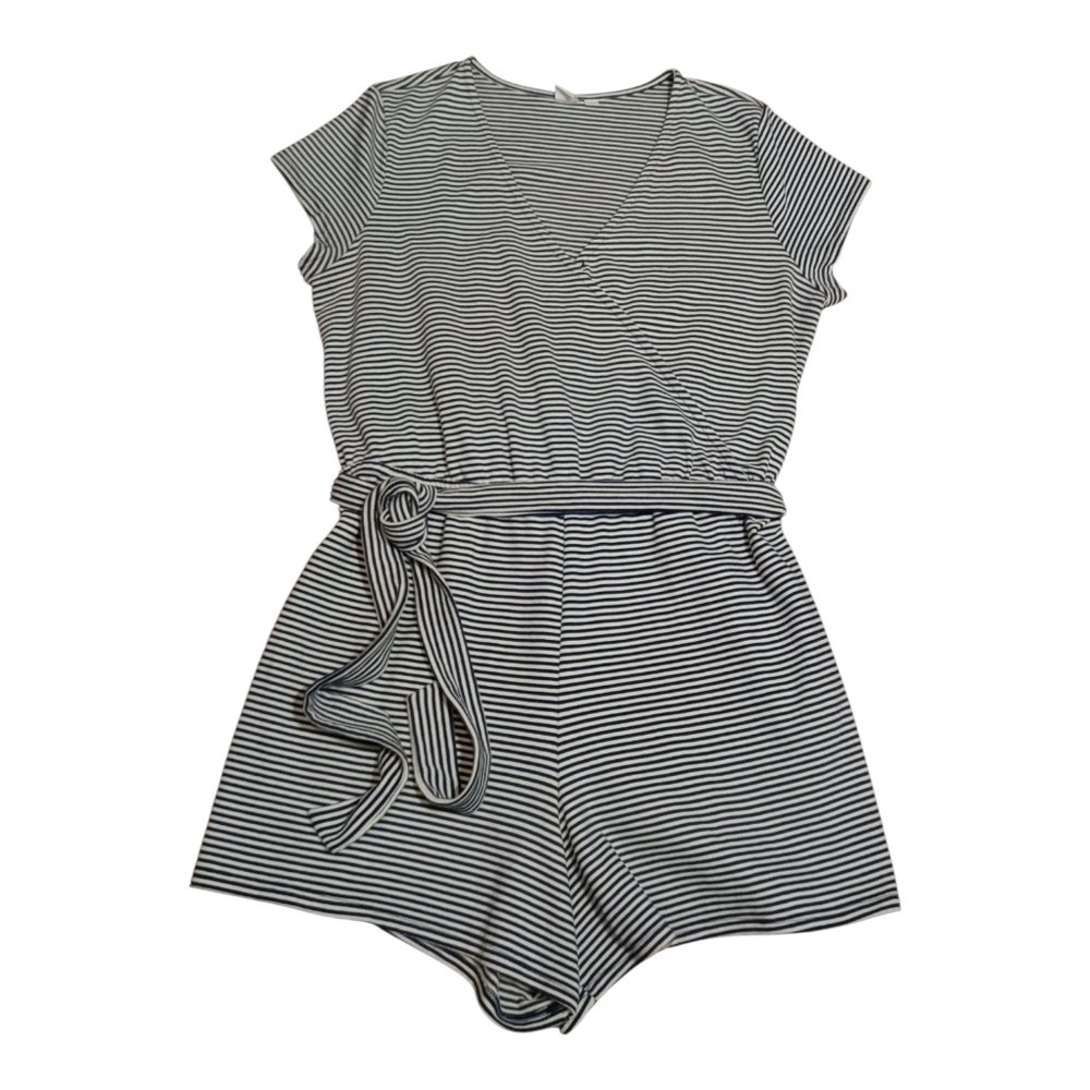GAP Women's  White and Navy Striped Faux Wrap Romper Large